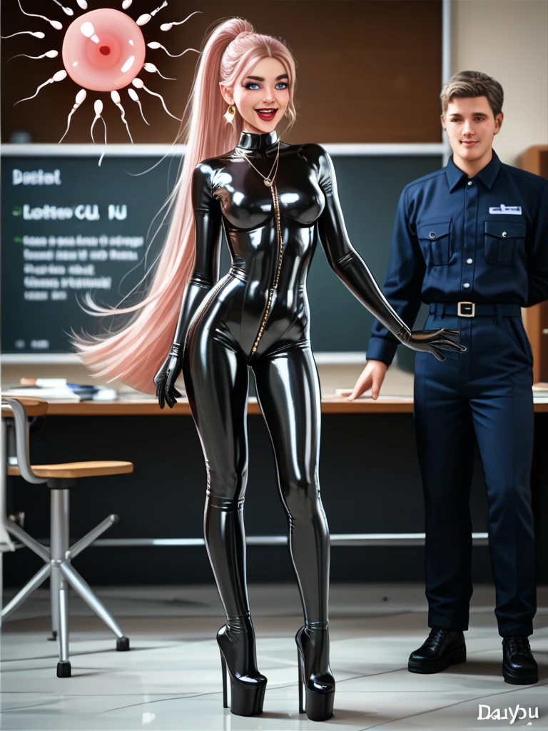 Beauty gothic girl night black Blouse v-neckline, leather skirt, thights, Wide legs Small waist, wide big hips, big increase chest bubs, model pose, only two ArmsShe is grab a man in the middle of his legs his bulge is squeezed by her, she Using high heels boots, the man is crying for his Ball pain 