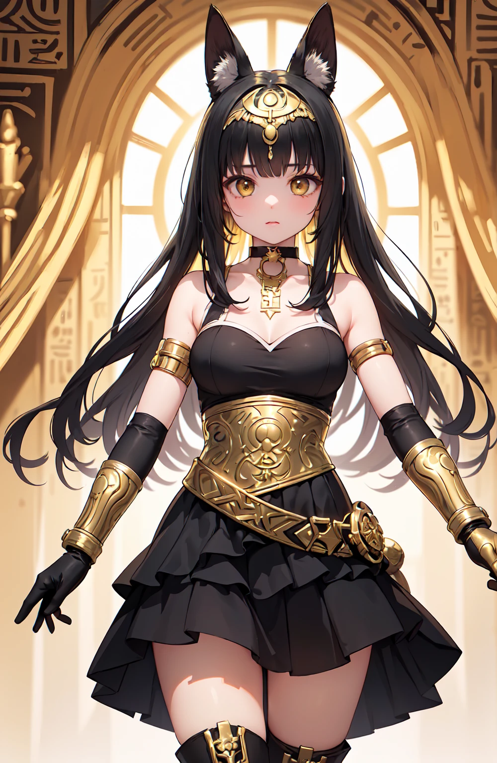 ((anime moe artstyle)),((Masterpiece)), (Best Quality), (Super Detail), Illustration, (((Very Delicate and Beautiful))),Dynamic Angle,Looking at viewer,((((Solo)))),(((Full body))),(((1 arrogant cute empress in black ball gown))),((holding a long scepter)),(standing),dominant pose,(arrogant),(((haughty smile))),Purple eyes,(Sharp eyes),Detailed Face, Long Eyelashes,Jet Black Hair,Straight Hair,((Very Long Hair)),Bangs between eyes,((((gigantic breasts)))),cleavage,((skindentation)),curvy,off shoulder,See-through,(gorgeous embroidered black and gold rococo ball gown),(fluffy rococo ball gown with gorgeous embroidery),(((hoop skirt))),long skirt,corset,crinoline,opera gloves,Beautifully Gorgeous jeweled big tiara,Beautifully Gorgeous gem earrings,Beautifully Gorgeous jeweled necklace,Beautifully Gorgeous jeweled ornaments,indoor,light particles,royal palace,