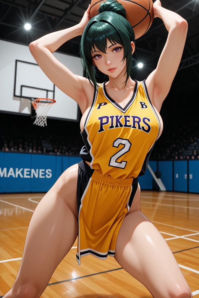 32k, master piece, best quality, BULMA,  cowboy shot,  big breasts, marked nipples,  body full of sweat, wet clothes, wearing a long ponytail, with red ribbon in her hair, blue pencil miniskirt, yellow top, cheerleader uniform, under the chest, white panties, with firm and round buttocks,  with open mouth,  BREAK,  pose sensual, ((kicking forward)), on a basketball court.