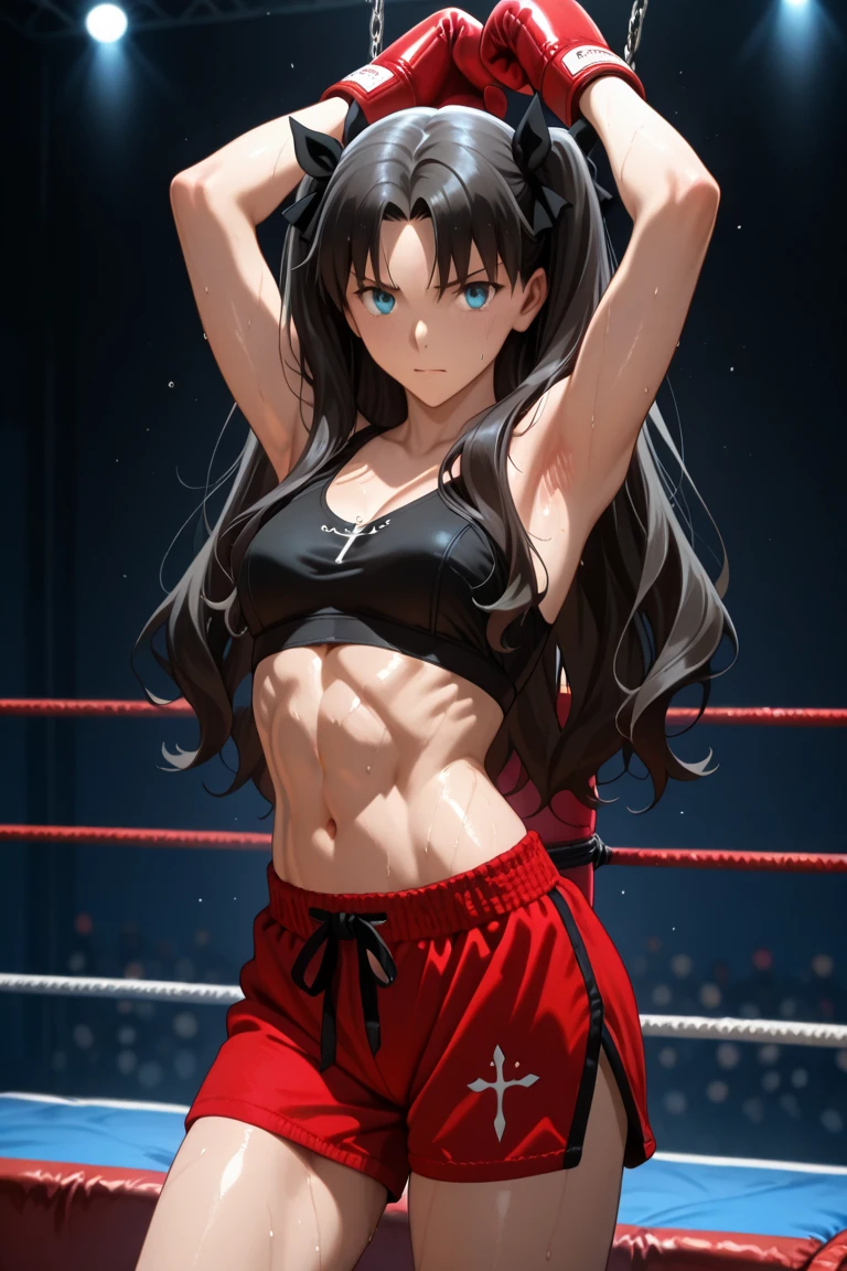 beautiful girl、Fighter、Black Hair、long hair、Big Breasts、sexy、Sexy、A gentle smile、Sports Bra、Surf bikini pants for women、Wristband、Gloves、Ring Shoes、canvaat、On the Ring、Match in the ring、indoor、venue、The whole body is visible、Abdominal muscleuscular、1Person-person perspective
