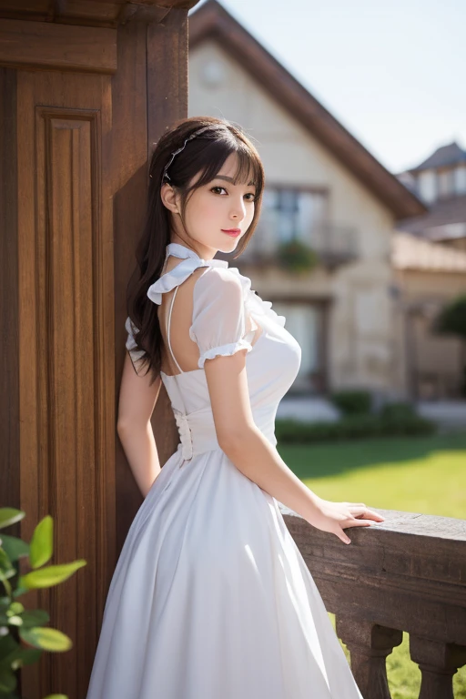 Girl with long and slightly thick legs、Tall model beautiful girl、beauty legs、long legged、Ecchi、A girl with beautiful breasts with a slender constricted torso、Girl with a gentle smile、a miniskirt、frills skirt、Beautiful girl in maid dress style、There is a hole in the hem of the dress、Beautiful girl with perfectly shaped face、Beautiful girl with small nose and lips、Girl with a small head、Beautiful girl with kind eyes、Beautiful fece、perfectly proportions、kawaii、Healing girl、Shorts inside a miniskirt、White handbags、Azur Lane Girl、cosplayer girl、azur lane、robe blanche、standing in castle、Idol face、Moe Face、Highest Quality、Hold your sword、a cool、Healing system、A neat and clean daughter like an older sister