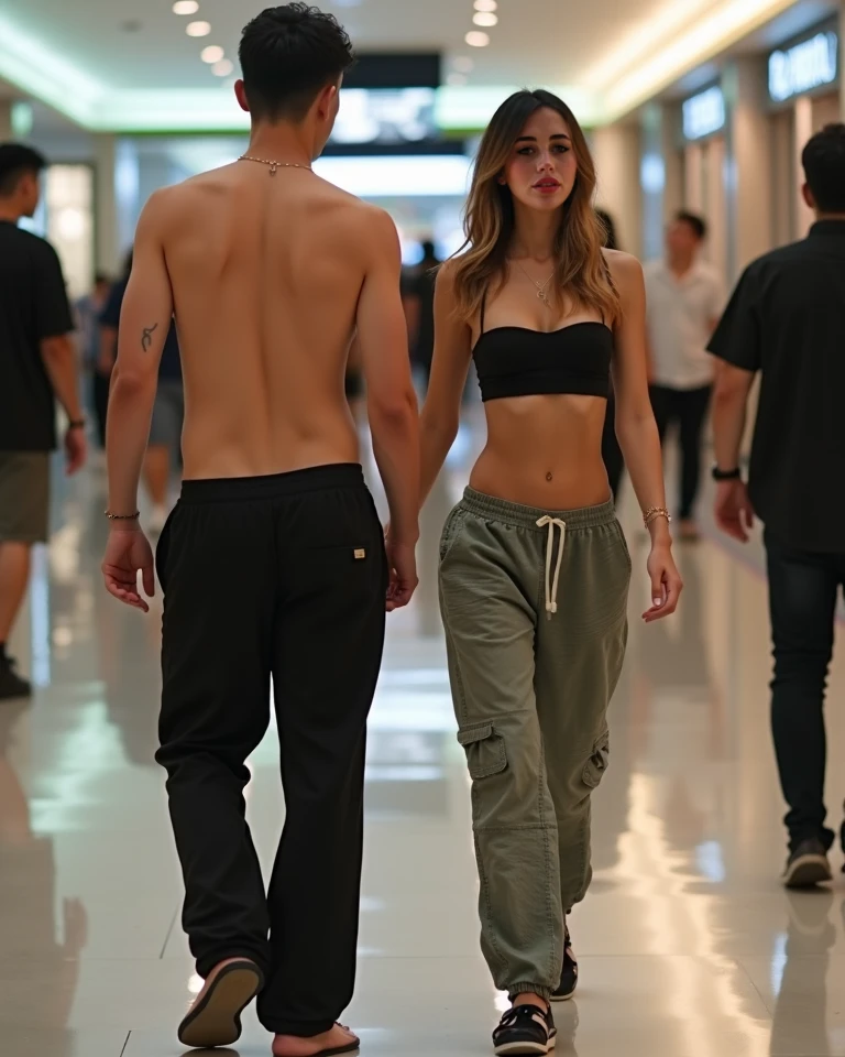 Naked blonde walking with her boyfriend at the mall 