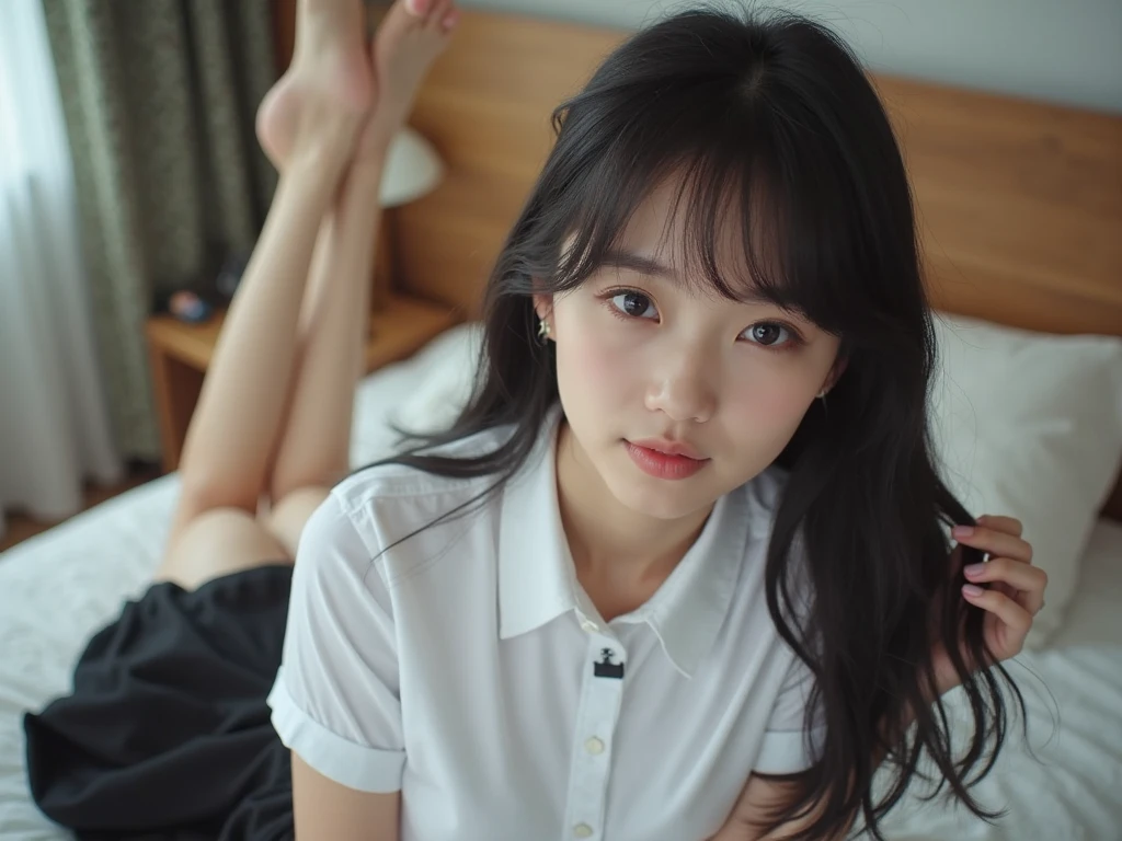 (1 Korean star with royal sister style), ((Best quality, 8K, 巨作: 1.3)), focal point: 1.2, Perfect body proportions: 1.4, (Make a smile), Watery eyes, Highly Detailed Face and Skin Textur, Fine eyes, Double eyelids, Whitens the skin, (long whitr hair, By bangs: 1.3), (face round: 1.5), (black uniforms: 1.4), (Lace view: 1.6),(white stockings: 1.4),(JK style:1.4),(Girls' bedroom:1.3)(Spread legs:1.2)