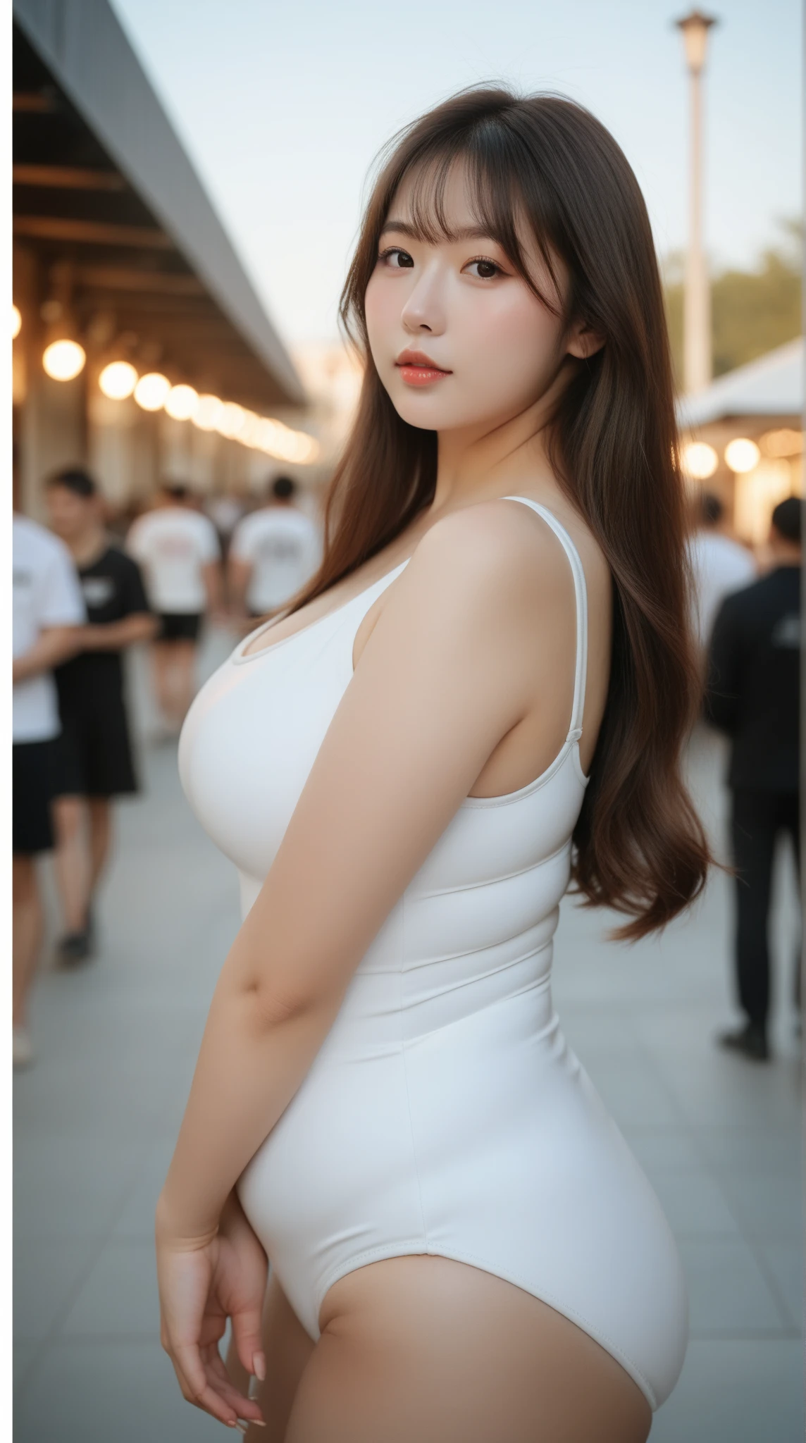 ((Best quality, 8k, Masterpiece :1.5)), Sharp focus :1.4, A 22 years old with perfect figure :1.6, Slender abs :1.3, korean , ((K-Pop idols)), 、((full body)), ((standing), high resolution, ((detailed tight body dress)), exposed cleavage ((detailed panty)), ((detailed pantyhose)), (Street: 1.3), highly detailed face and skin texture, delicate eyes, double eyelids, whitened skin, (shawl hair: 1.3), (round face: 1.5), (tight body dress: 1.4), Long legs, detailed legs, fine legs, fair white skin、shiny white skin、bright silver long hair、light white long hair、、Beautiful eyes with random colors、Very thin lipeautiful eyes finely detailed、elongated eyes、pale pink blush、long eyelash、Beautiful double eyelids、eyeshadows、neckless、耳Nipple Ring、Beautiful eyes with random colors、very thin lips, finely detail、elongated eyes、pale pink blush、long eyeslashes, Beautiful double eyelid、Lighting that emphasizes beautiful skin、Lustrous skin 2, ((Layered long hair)) , (detailed breasts ), Highly detailed face and skin texture, Detailed eyes, Double eyelid