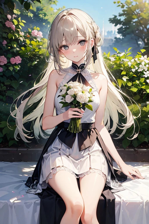 Silver Hair、blue eyes、girl、Small breasts、Twin tails、girl、Small breasts、Lolita、Bright smile、Looks about 15 years old、Petan Musume、He is short、目のhighlight、Sexy thighs、Flower Garden、color々The flowers are still blooming、bouquet、Mine-based costumes、Your eyes are so beautiful、highlight