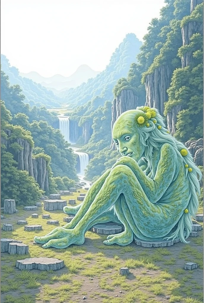 (woman made of rock:20), low detail, spreading legs, moss