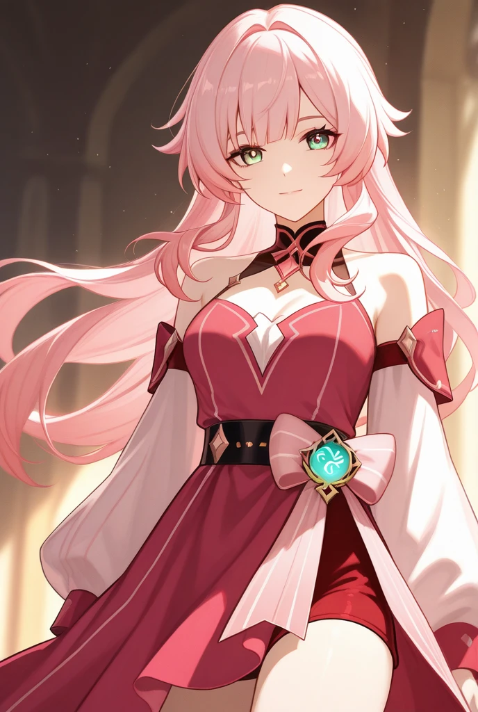 Ultra detailed, HDR, Highres, absurdres, master piece, zerotwo, expressive green eyes, red clothes, red gloves, patterns, pink stained glass, pink ice, petals, pink ice flowers, sexy woman, solo, extremely detailed face and eyes, extremely beautiful, glittering, pink glass, 2650x1440