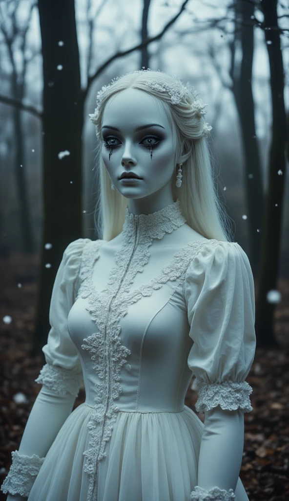 female vampire |albino,pale porcelain skin, vintage black dress, smile, shallow depth of field, sadistic, nightfall, detailed face, night,wide hips,narrow waist,portrait of woman standing,detailed eyes, portrait of woman standing,8k RAW photo, highest quality, (looking at the viewer:1.3), best shadow, intricate detailold hair:1.3),(bright eyeorest, grave,gothic,goth, 8k resolution concept art, hypereallistic, realistic, 12k, intricate. hit definition , cinematic, real life human