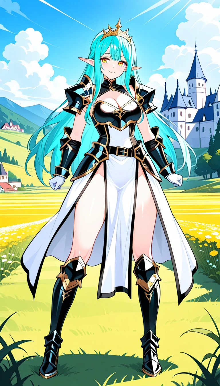 Masterpiece, Best Quality, 1girl, golden chest plate, perfect body, perfect breasts, long hair, blue hair, yellow eyes, black leotard, cleavage, groin, pauldrons, golden shoulder pads, (full gloves, black gloves), (golden armored gauntlet), (knee boots), (golden armored boots), wing headpiece, scarf, meadow, day, standing, (full body), smile, looking at viewer