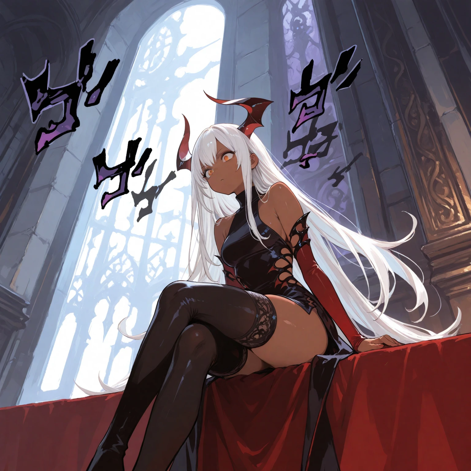 Kuroboshi_Kouhaku style, abigail_williams_\fgo\), ((topless)), nsfw, masterpiece, black thong, solo, 1 girl, erect nipples, nipples, navel, bare breasts, bare stomach, full body, candles, horror, catacomb, dark, thin body, collarbones, slim waist, white hair, long hair, detailed eyes, beautiful eyes, purple eyes, ribbons, pale skin, purple skin, forehead, staff, gold bracelet, levitating, smiling, sweaty body, flat chests, forehead keyhole, ahegao, long tongue, tongue out, open mouth, pointy teeth