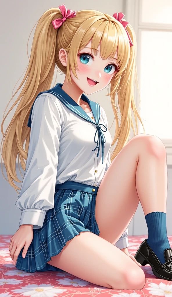 (Anime works, Anime Style, Studio Anime, Very detailed, Latest, Vibrant, Anime Coloring, High Contrast, masterpiece:1.2, Highest quality, Best aesthetics), A woman wearing a sailor suit, Pleated skirt,Skirt flip、 Big Breasts, hair accessory, Thighs glimpsed,White see-through panties、 blonde, Straight long hair, Perfect proportions, Skin with attention to detail, cute, Detailed face, Random sexy poses, School classroom, Accurate Fingers,