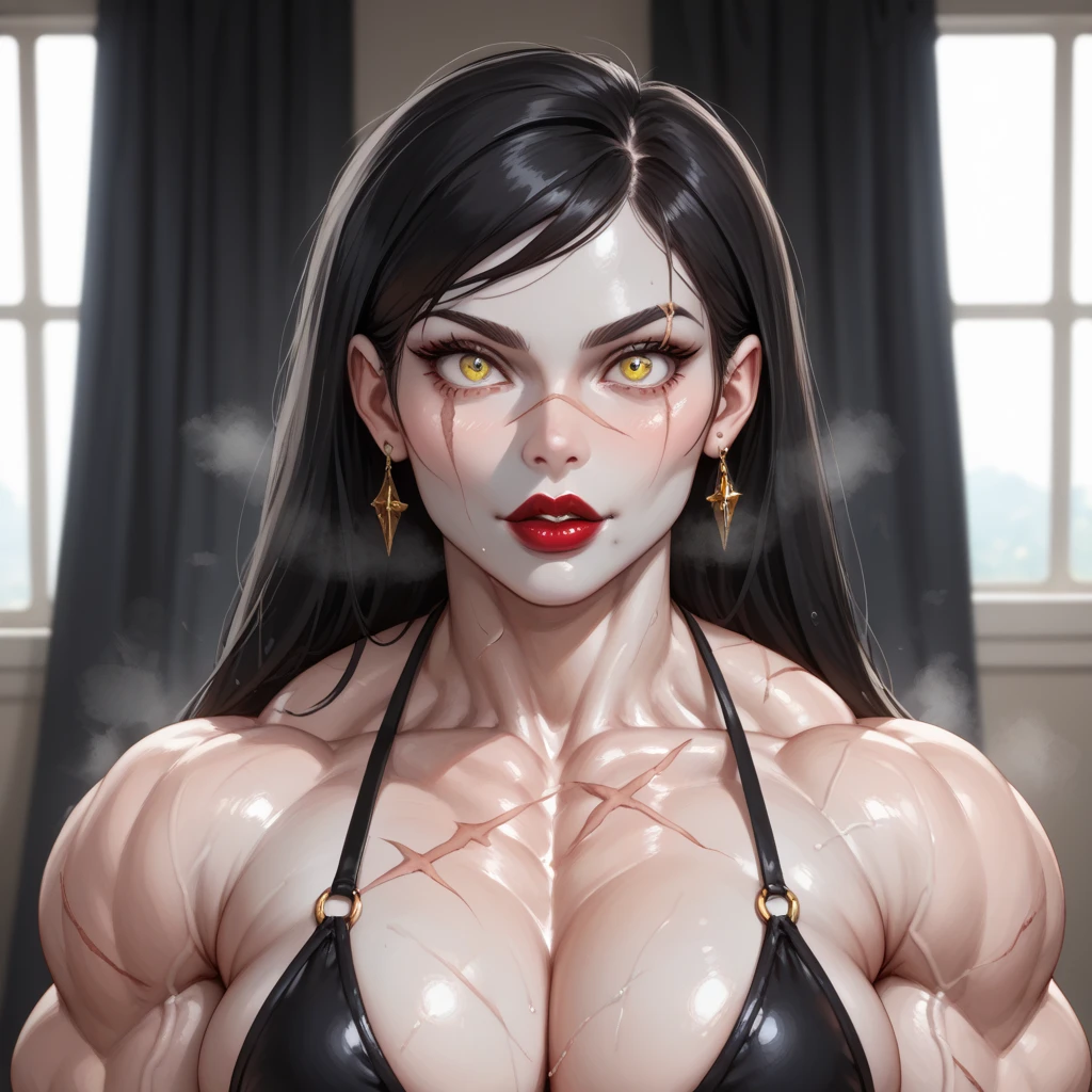 1 beautiful woman, she is Morticia Addams , standing alone, ((torso up close)) ((beautiful and sexy tall supermodel))((long straight black hair)) ((very big chest:1.5)) ((Posing sexy for the camera)) cowboy shot, photoshot in a dark hall of the castle, dark atmospher, gentle lights,((perfect toned body:1.3)) ((wears a tight and long black dress with a very deep neckline)) ((ultra details)) ((photo realist:1.4)),((High definition:1.4)) ((work of art:1.4)) (8K) ((big bright blue eyes)), (dark eyeshadow makeup)((bright red lipstick)) ((crossed arms)) model position, black lingerie, addams thing on her shoulder