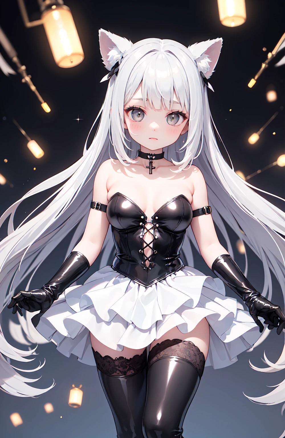 jfrsd, twintails, sidelocks, star hair ornament, twintails, sidelocks, star hair ornament, ring hair ornament, fake horns, choker, frills, white dress, strapless black leotard under clothes, short over long sleeves, fingerless black gloves, white thighhighs, silver hair, full body shot,