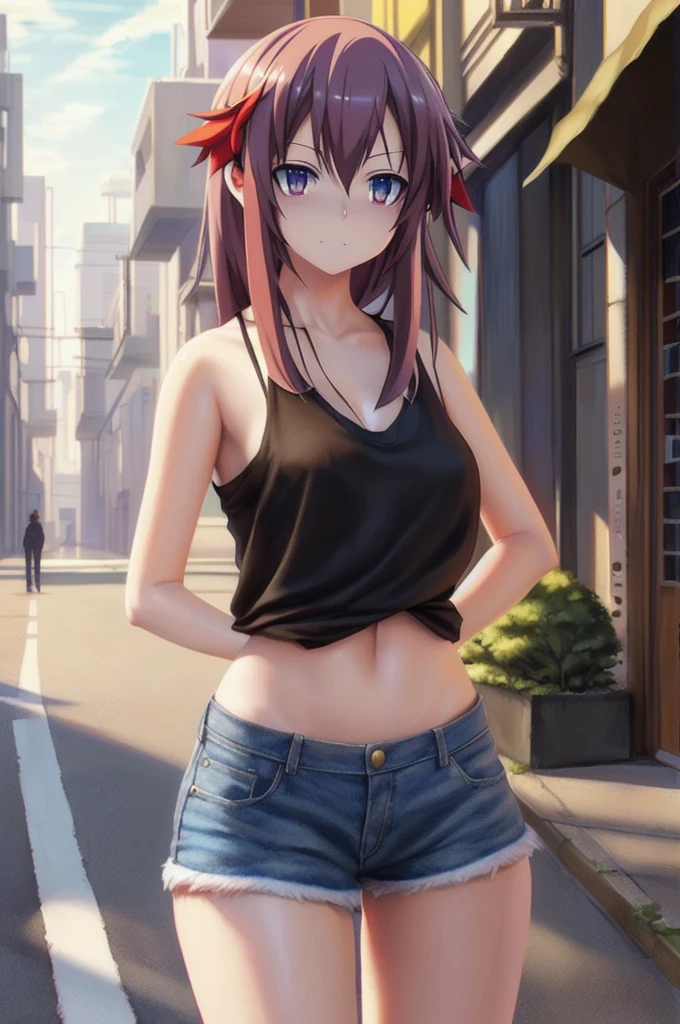 
young girl, red hair, girl, small breasts, twintail hair, pink bangs, pink eyes, black top shirt, blue jeans short, in a ´park, looking at viewer, 4k, masterpiece, 8k, detailed, Hd anime, all body in art, full body
