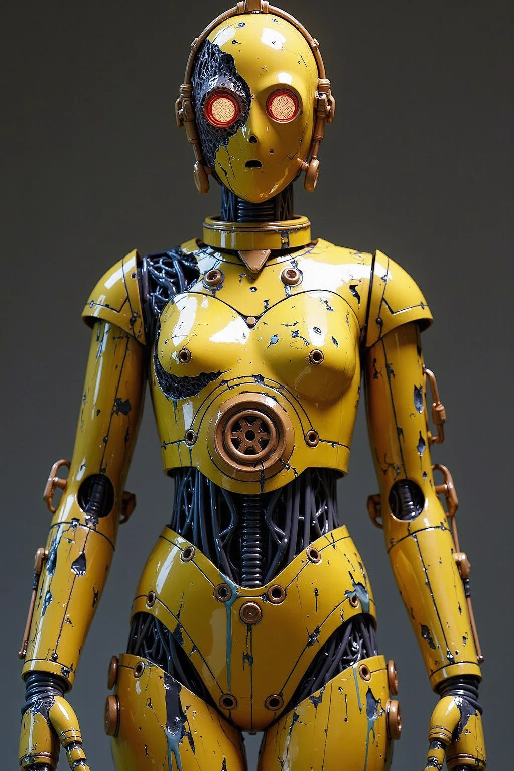 realistic,score_9, score_8_up, score_7_up,
robotic figure, prominent yellow helmet, weathered, rusted, large circular eyes, glowing, enigmatic, haunting, patchwork body, mechanical parts, gears, tubes, aged metals, corroded materials,UnderBoob,