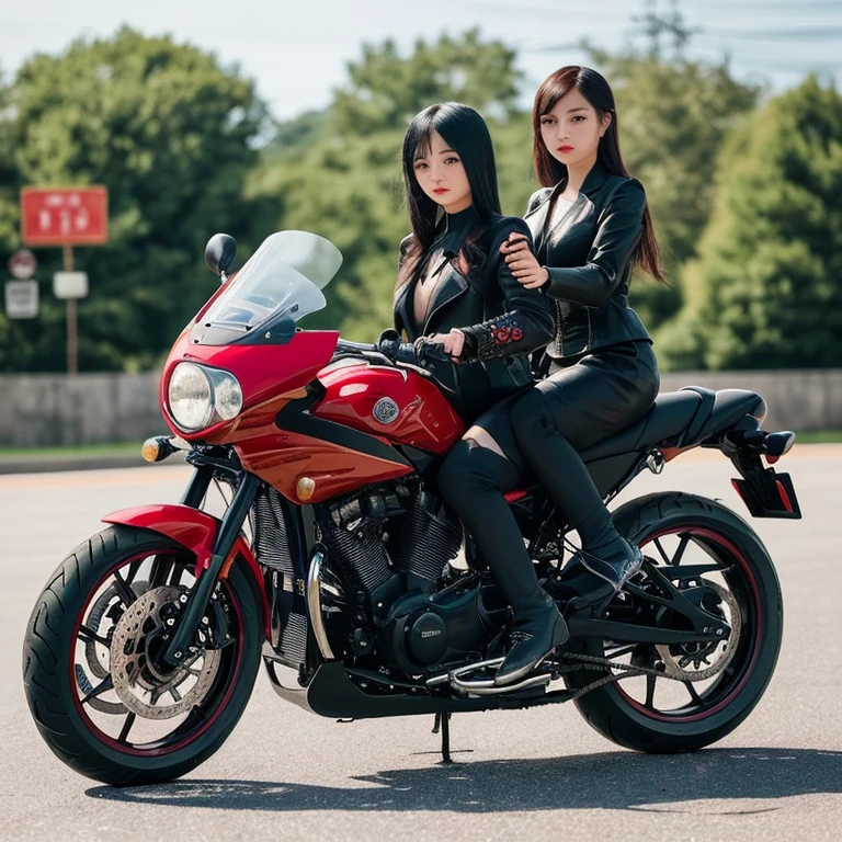 Taiwanese women,Female Model,Slim,Good shape,big breasts,HD, off-shoulder Crop top , leather mini skirt,under knee boots,blond,whole body photo,People playing motorcycle racing