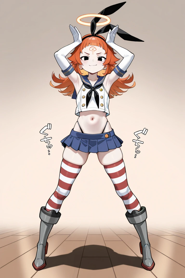 hiquality、16 K、Lori,((small tits)),big butts, ((Blunt bangs)), Twin-tailed、blush,the eyes are blue,(Red hair),Wet,white glove,(((highleg bikini))),(((Striped bikini)))、white knee-socks、Full body、((Open_Mouth))、on the beds、grin、Kneeling、PAW Pose、Sweat、