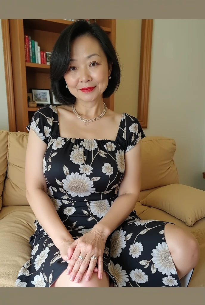 sitting on a park bench, Wrinkles around the eyes, Smiling with teeth showing, Plain short-sleeved clothing, senior citizen, Draw lips correctly, Red lipstick, No discomfort, 16K, Highest quality, Very detailed, Realistic, Very detailed肌, Japanese, alone, 60 years old, Large Breasts, , Glamour, sexy, , Staring straight ahead,