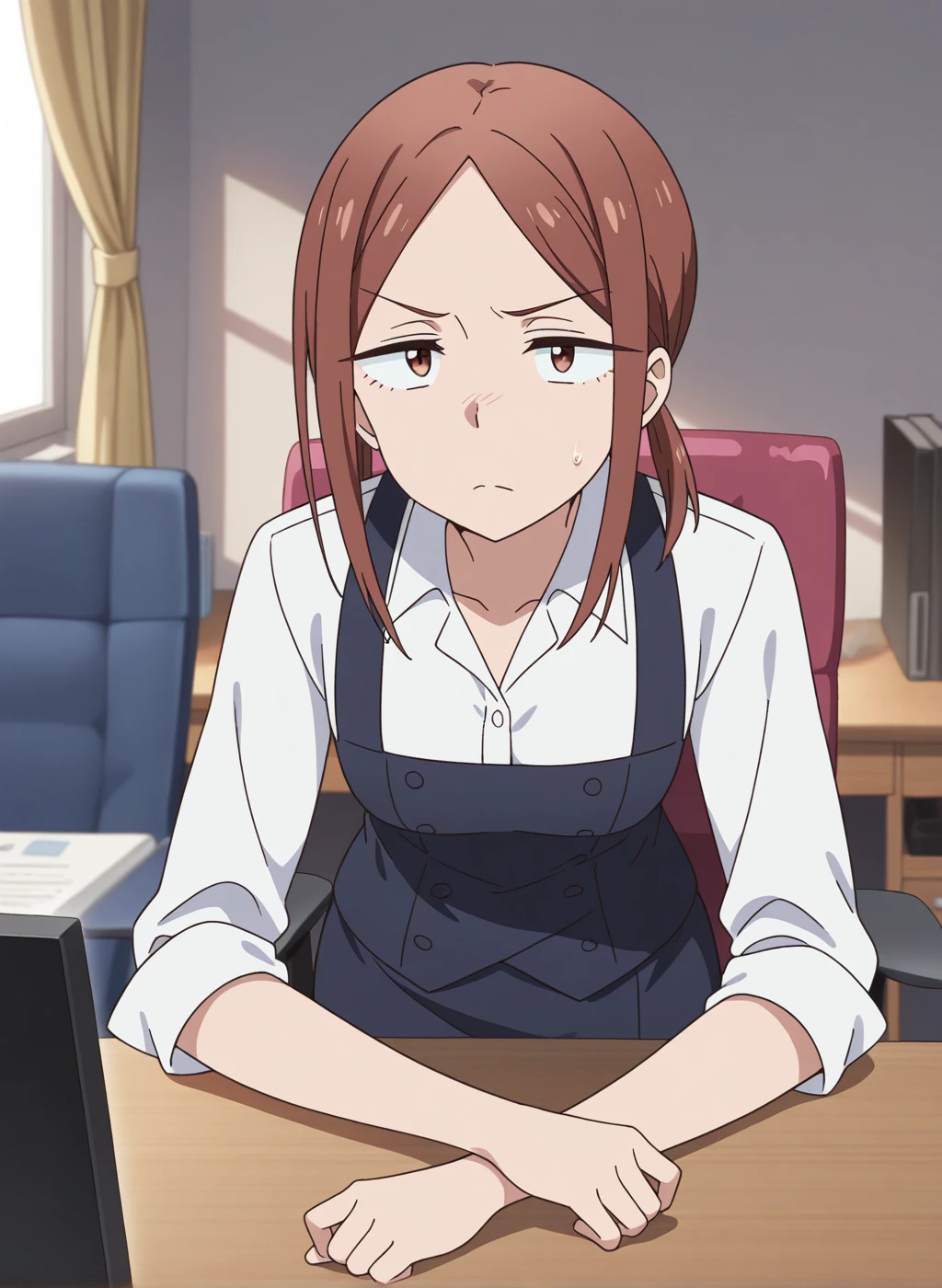 top-quality、hight resolution、女の子 1 人、、medium-hair、ponytail, ashamed look on his face, flat cheast, (office cubicle), ((masturbating)), nipples, tits, office chair, desk, facing down, looking at the viewer, flashing bra, ((((bra)))), white shirt, black pants, secret