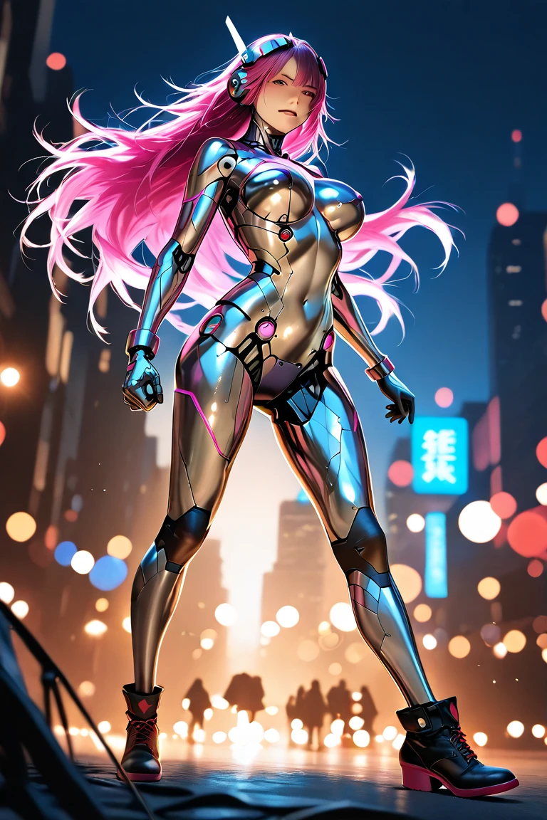 ((master piece)),best quality, illustration, 1girl, large breast, beautiful detailed eyes, beautiful detailed hair, (floating long hair), beautiful detailed street, mecha clothes, robot girl, cool movement, (filigree), fullbody, pink hair, outerspace, city, mecha, mechanical_body, mechanical_wings, <lora:Mecha_V2:1>
