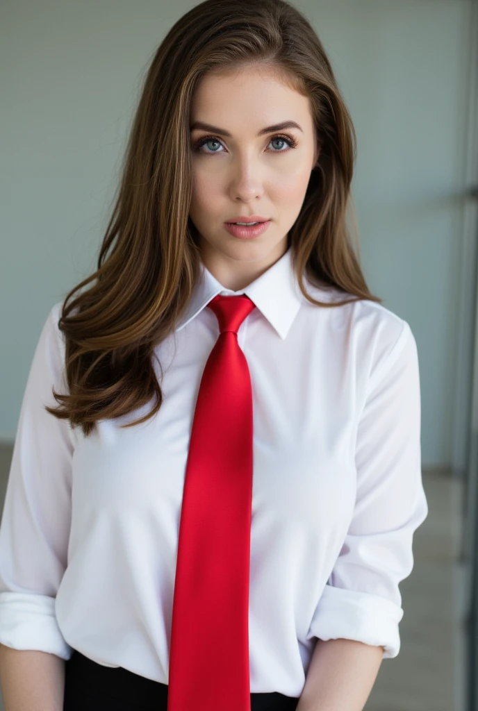cassidyfreeman, , ((detailed skin, detailed face,detailed eyes, beautiful eyes)), ((red lipstick, eyeliner, eye shadow, blush)), , photo of a woman, ((suit jacket, white shirt, necktie, skirt, conference room, office))