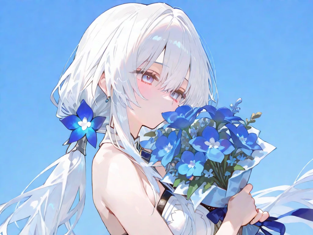 ( ✌:1.5) 1girl, flower, bouquet, white hair, blue flower, hair ornament, blue eyes, dress, solo, rose, smile, long hair, blue rose, holding bouquet, white dress, holding, looking at viewer, butterfly, open mouth, multicolored hair, bug, gradient hair, sleeveless, blush, crown, white background, very long hair, blue hair, :d, virtual youtuber, bangs, hair flower, bare shoulders, earrings, hairclip, jewelry, sleeveless dress, simple background, choker, veil, ribbon, mini crown ,torino aqua,ski style