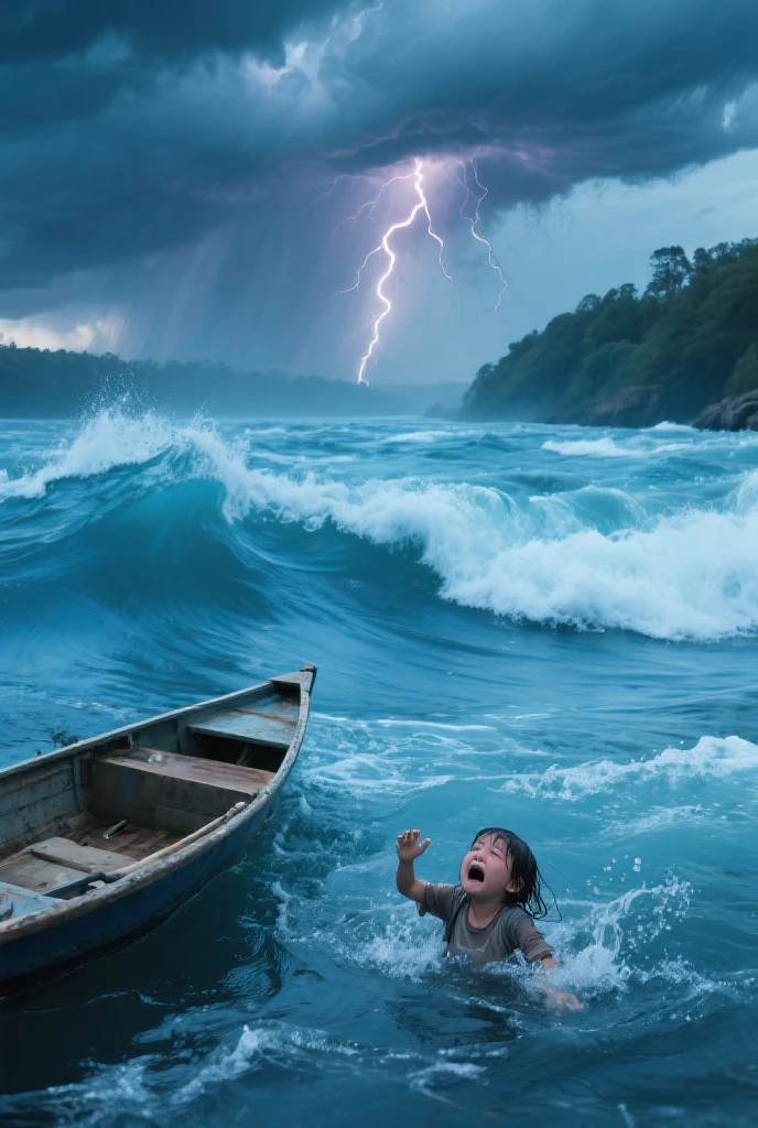 A child is drowning in water crying