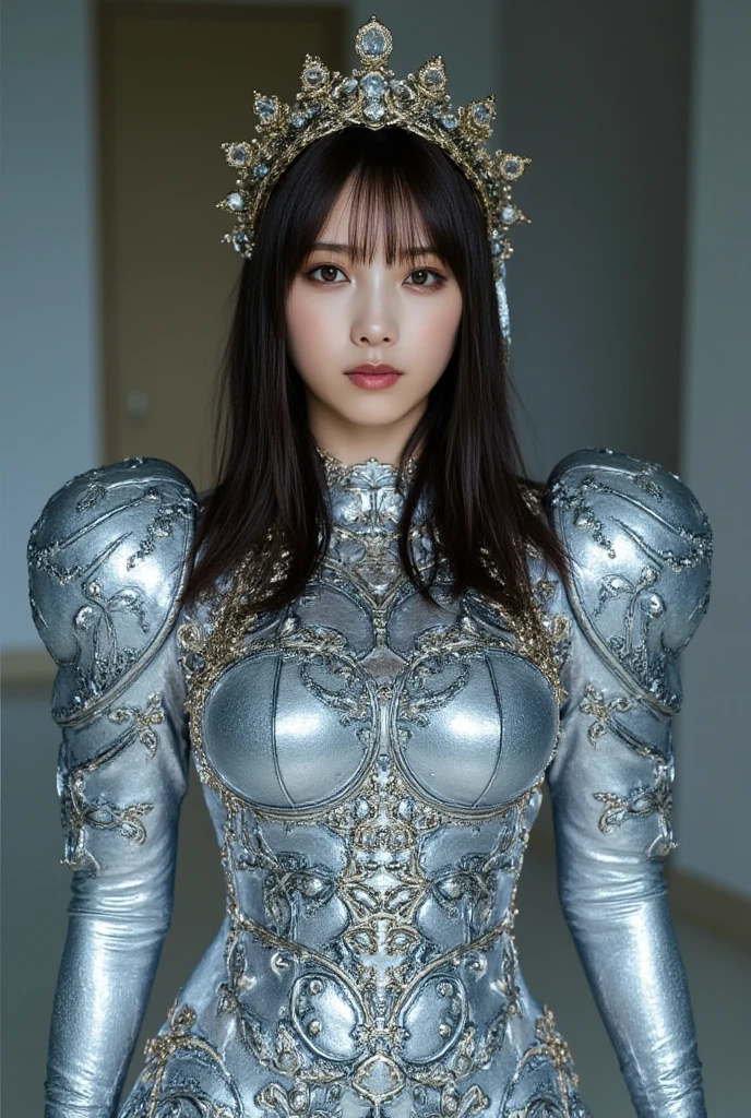 Reproduce the intricately shaped Silver Orihalcon armor、Add intricate mandala patterns、Make the intricate mandala pattern glow blue