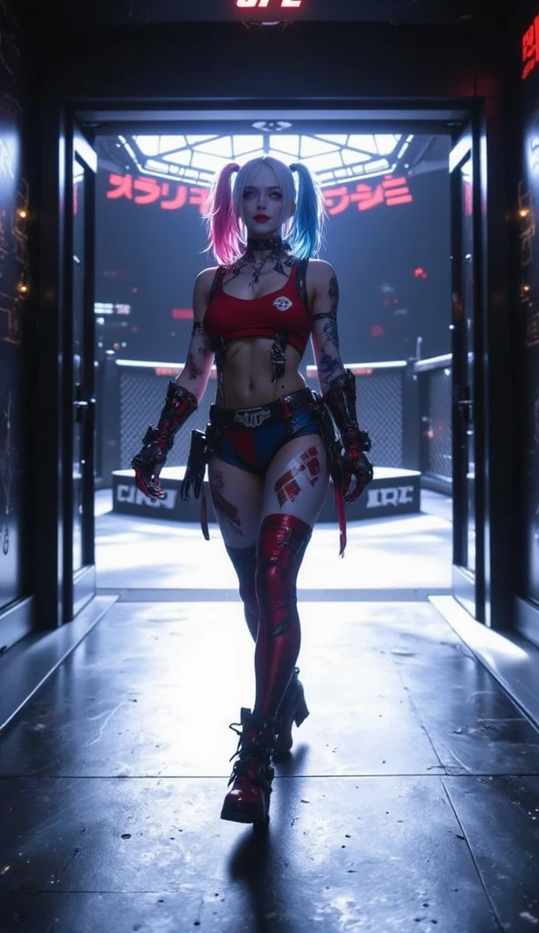 Harley Quinn длинные волосы, standing standing in a short skirt, big ass in a thong, heels.
