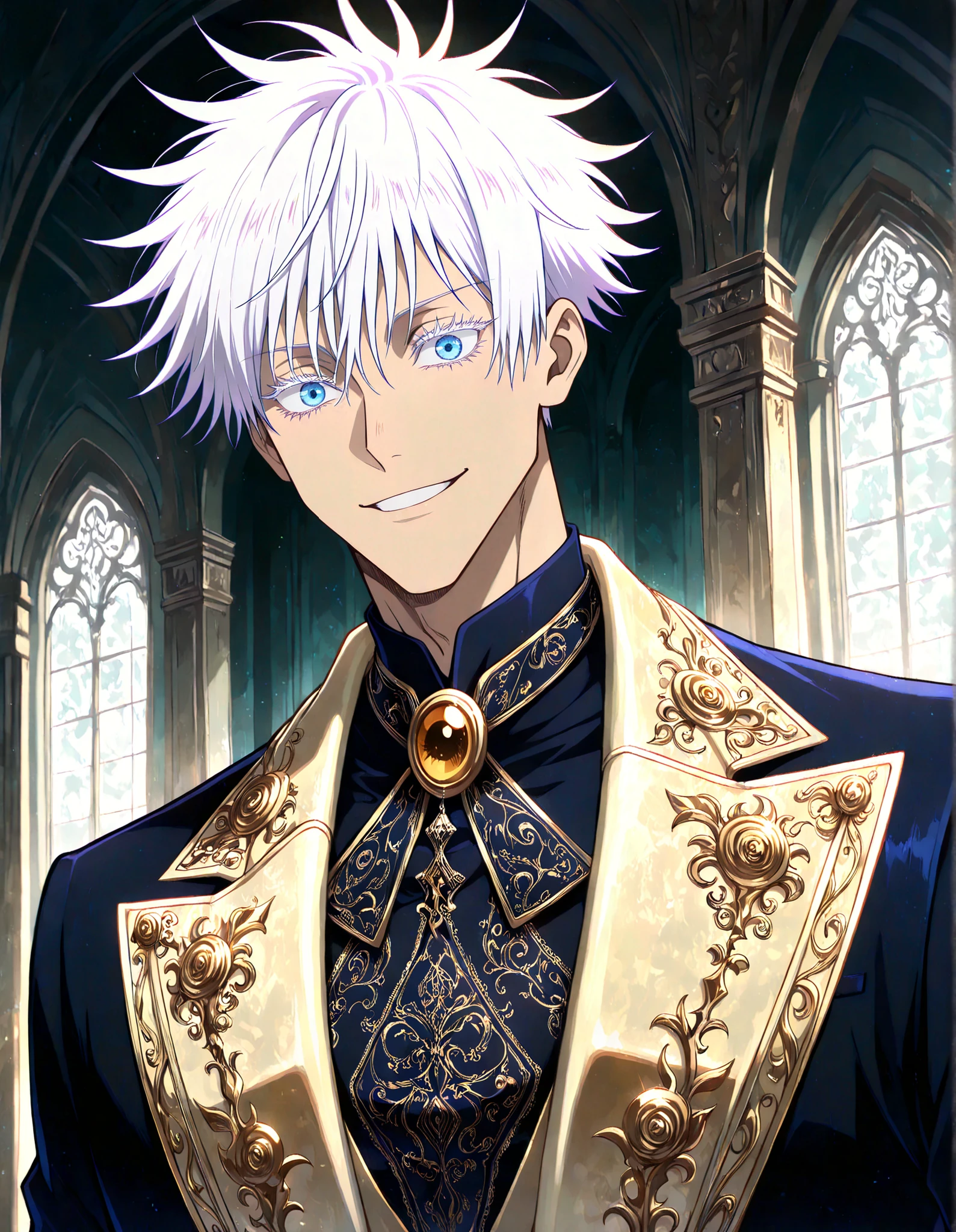 (masterpiece, best quality, highly detailed, mature) male, solo, 1man,adult, male focus, smile, gojou satoru, jujutsu kaisen, blue eyes, white hair, short hair, sexy man, handsome face, colored eyelashes, handsome face, beautiful face, beautiful colors, medium shot, victorian clothes, aristocrat, royal clothes, gold accent, dark blue accent, indigo colored, indoors, serious, calm smile, Enchanted eyelashes, delicate, style,long eyelashes, best quality eyelashes, beautiful eyelashes,Anime, digital painting, soft shading, fantasy, Neon Pastel, Ethereal Art, UHD, best quality, high detail ,long eyelashes, best quality eyelashes, beautiful eyelashes,