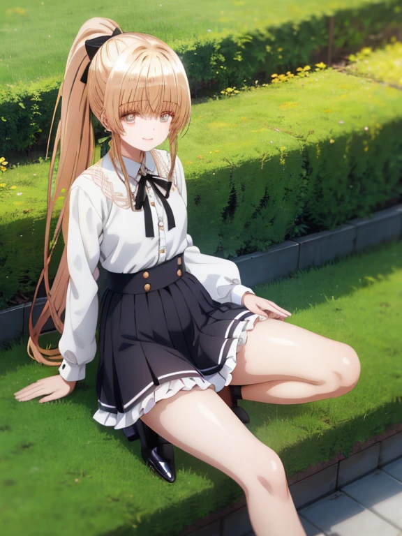 (Rose Oriana), One girl, alone, Yellow Eyes, Blonde, Long hair, sleeveless shirt, layered skirt, black kneehighs, white pumps, looking at viewer, full body, squatting, dutch angle, (white Lace panties), (show off panties), (panty shot), spread legs, city,