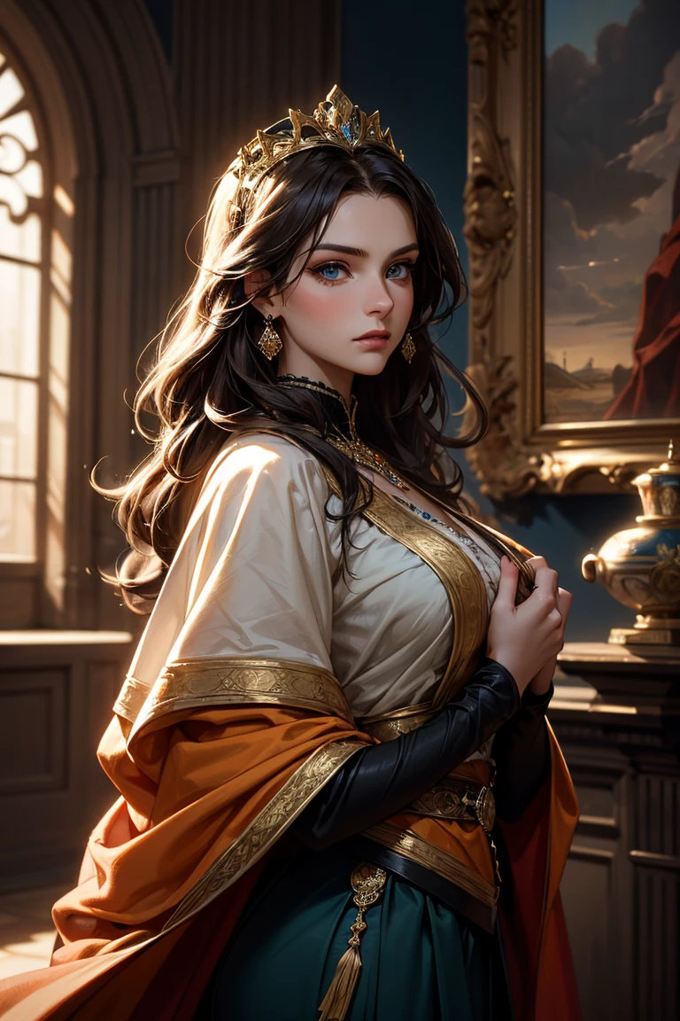 Beautiful noblewoman. Beautiful. House Baratheon. Black and yellow Dress. Long black hair curly and blue eyes. White skin. Dress sexy. Europan face. House Baratheon of Game of Thrones. Blue eyes. Look camara
