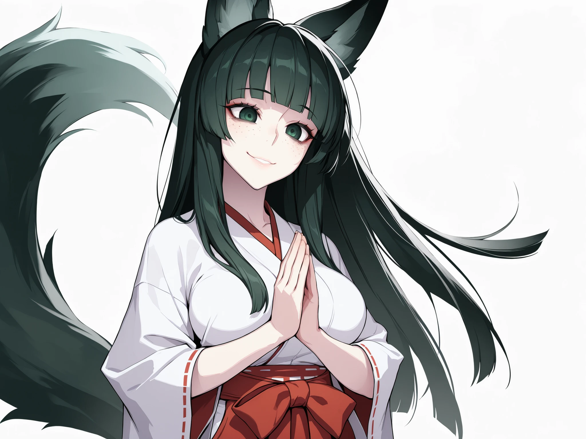absurdres, (((Ultra HD))), (((Ultra High Quality))), ((hyper detailed)), ((Ultra High Resolution)), (Highly rendered), ((detailed eyes)), (((8K))), ((perfect face)), ((masterpiece)), cinematic, darkened, solo, 1girl, young, thin, Kitsune, fox tail, fox ears, freckles, dark green hair, long hair, blunt bangs, straight hair, smile, dark green eyes, medium breasts, miko, shrine maiden, kimono, wide sleeves, red hakama, white background, standing, hands together, praying