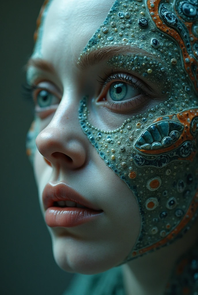 a close up of a woman with blue paint on her face, portrait of an insectoid, by Adam Marczyński, portrait of a alien insect, hyperrealistic mixed media, inspired by Hedi Xandt, face like grasshopper, award winning creature portrait, creative makeup, inspired by national geographic, hyperrealism. fantasy 4k, hyperrealistic digital art