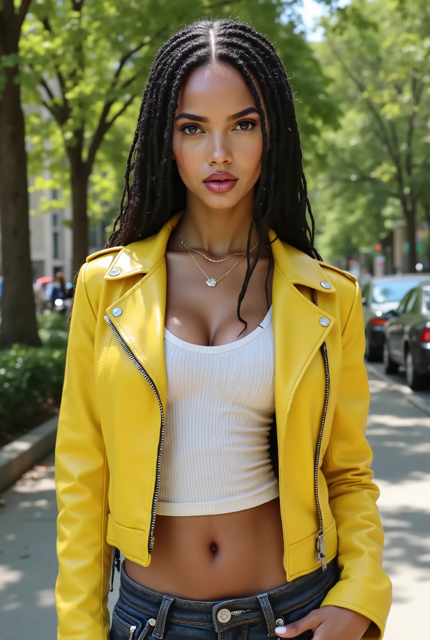 Foto hiperrealista en primer plano de arafed woman, masterpiece, best quality, (photorealistic:1.4), (leather yellow cropped biker JACKET over white tank top:1.1), (leather jeans:1.2) heels, in the New York Central Park, sunny day, cinematic light, beautiful woman, skinny, brown eyes, dark braided hair, detailed face, facing the camera, photo taken from a distance,