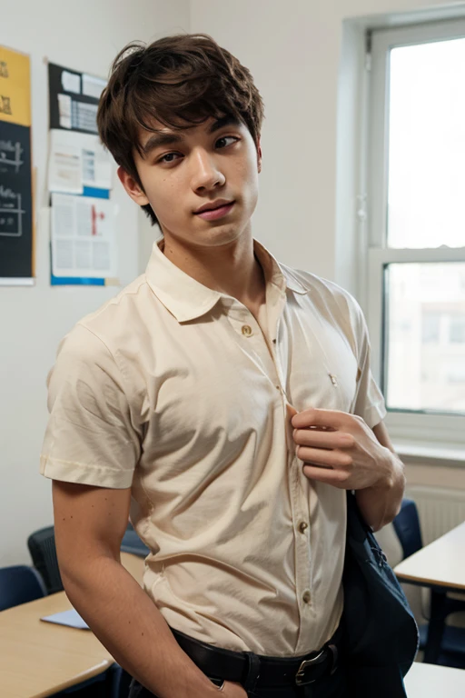 24yo dg_Hank male, <lora:dg_Hank_v1:0.8>, hyper realistic candid photo, church, analog style, masterpiece, repulsed, short hair, slightly hairy chest, leisure suit, straight-on