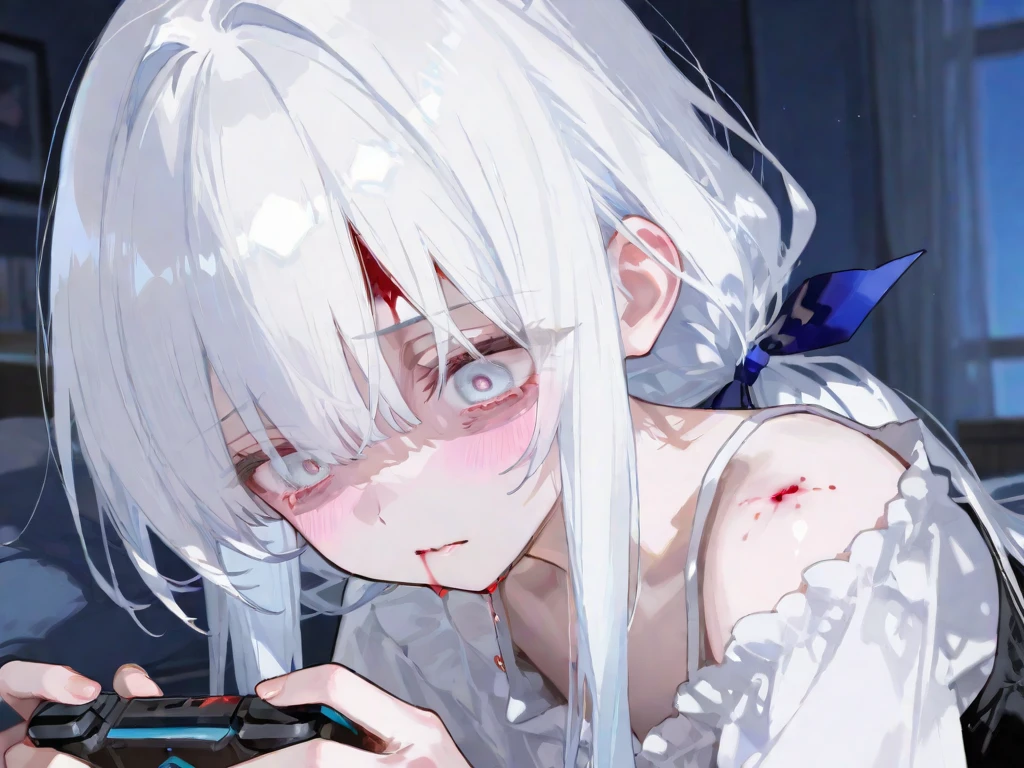 girl, serious expression, mask on, putting on white gloves, nurse's outfit, blood splattered on face, broken-down hospital, best quality, best shadows, best lighting, (masterpiece), black eyes, entire upper body