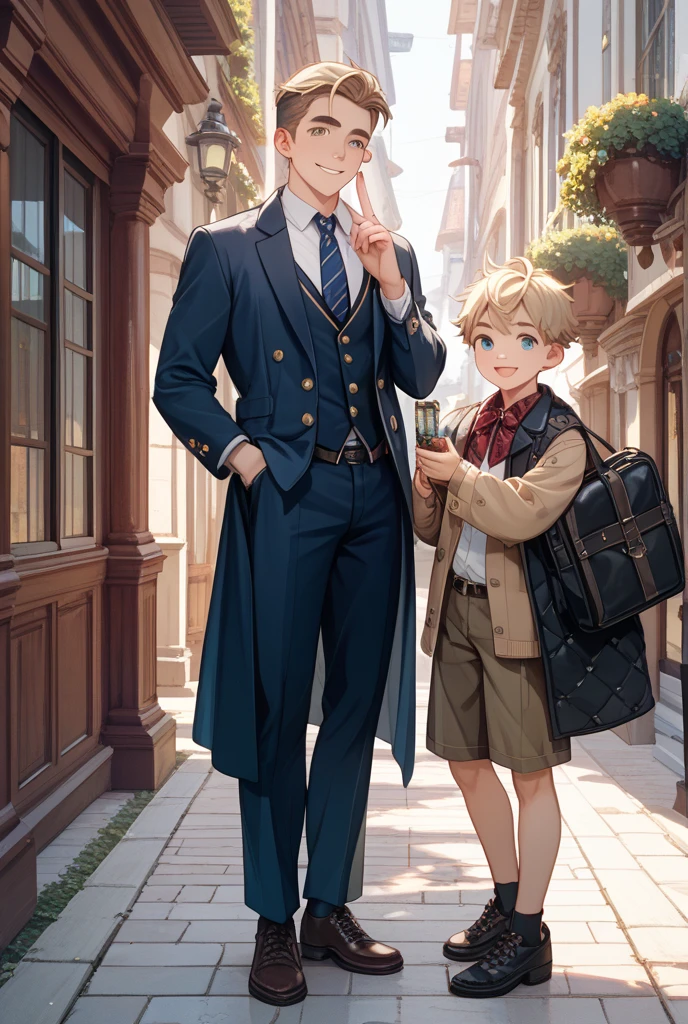 Masterpiece, high quality, absurdes, a guy wearing long white shirt and trousers, bare shoulders, bare collarbones, transparent, blonde hair, detailed eyes and face, blue eyes, beautiful face, ponytail, walking in a garden with his son, father and son, German empire outfits, 5 y.o boy, royal, imperial, noble, bloomig garden on background, flowers, roses, 19th century outfits, corgi puppy
