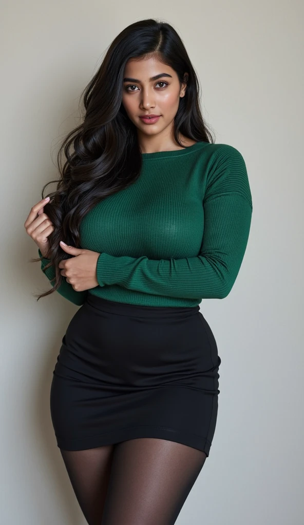 A photorealistic portrait of a 30-year-old Indian woman with big-sized breasts, wearing dark green crop top full sleeves without pants, bottomless to show her realistic hairy pussy and sexy legs,She is posing in waterfall Lake sexy adult poses, smile happy face,captured in a full-body shot, real hairy pussy, hyper realistically hairy pussy. 8k resolution, with high detail and quality.