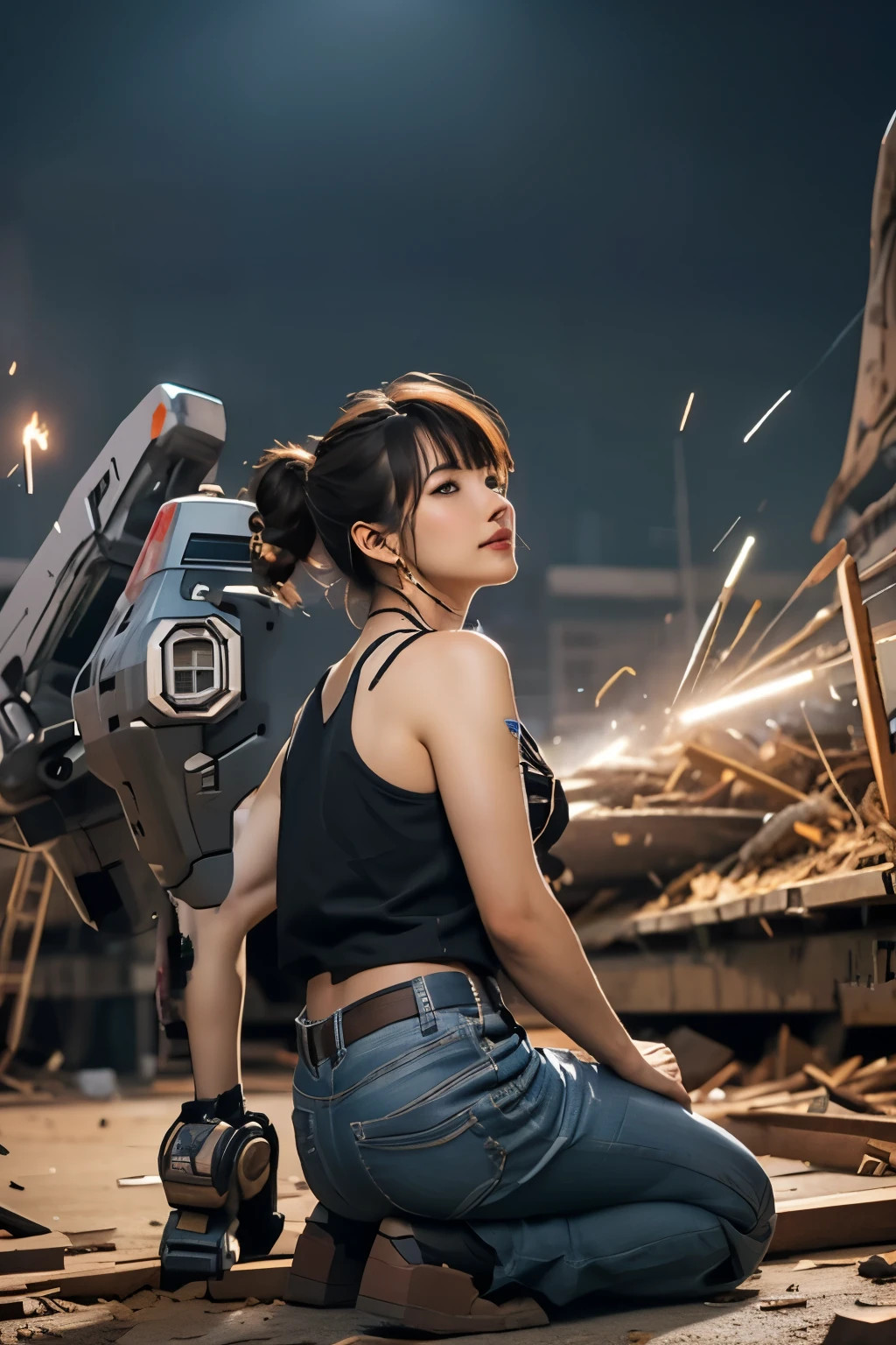giant robot lying on the ground、((Fault))、(( damaged ))、((sparks))、((Destruction))、((Destruction跡))、