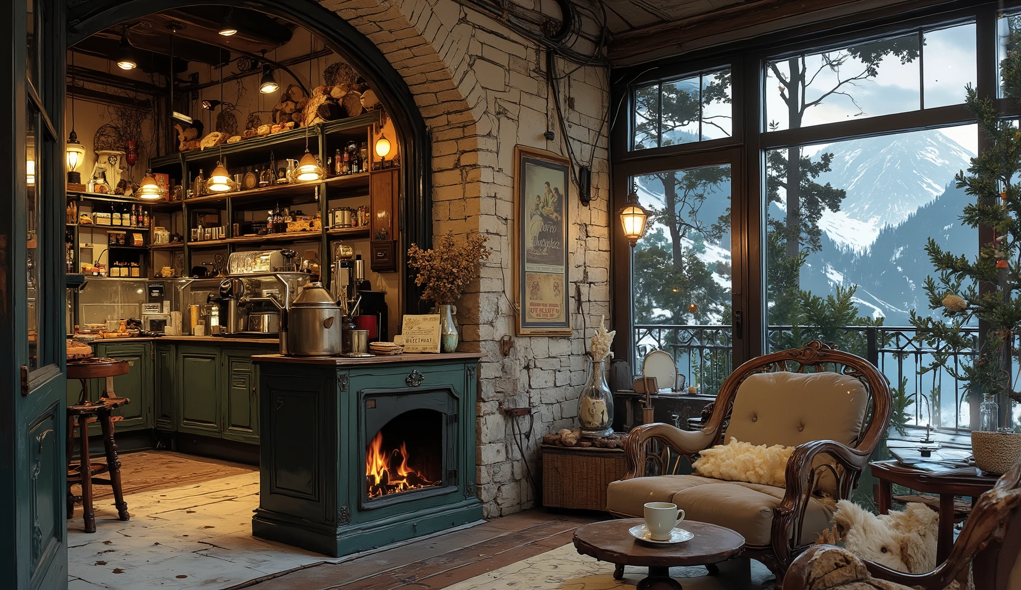 depicts a cafe built with natural brick , rustic and beautiful , looking from the window onto the lake and snow-capped mountains , It there is a beautiful shiny metal coffee pot , glass counter with bread and pastries , with comfortable wooden stools , behind the counter is a beautiful bookcase with a variety of breads and pastries , a charming picture writing Cafe prices products. Outside is a beautiful outdoor wooden floor at winter twilight , a natural brick wall with an embers fireplace of the fire , there is a beautiful fence running through small stakes with these pretty little oil lamp, the beautiful metal fireplace on the cafe wall , next to piles of perfectly arranged firewood , vases with small leafy trees , } comfortable wooden armchairs to relax , a rustic coffee table with a scented candle, with vases are bottles , coffee cup, and an alternative scented candle , , a small sedge basket with a book at the top and many decorations that make up the cozy space . Can enjoy the cold dark night of winter a lot of snow accumulates .