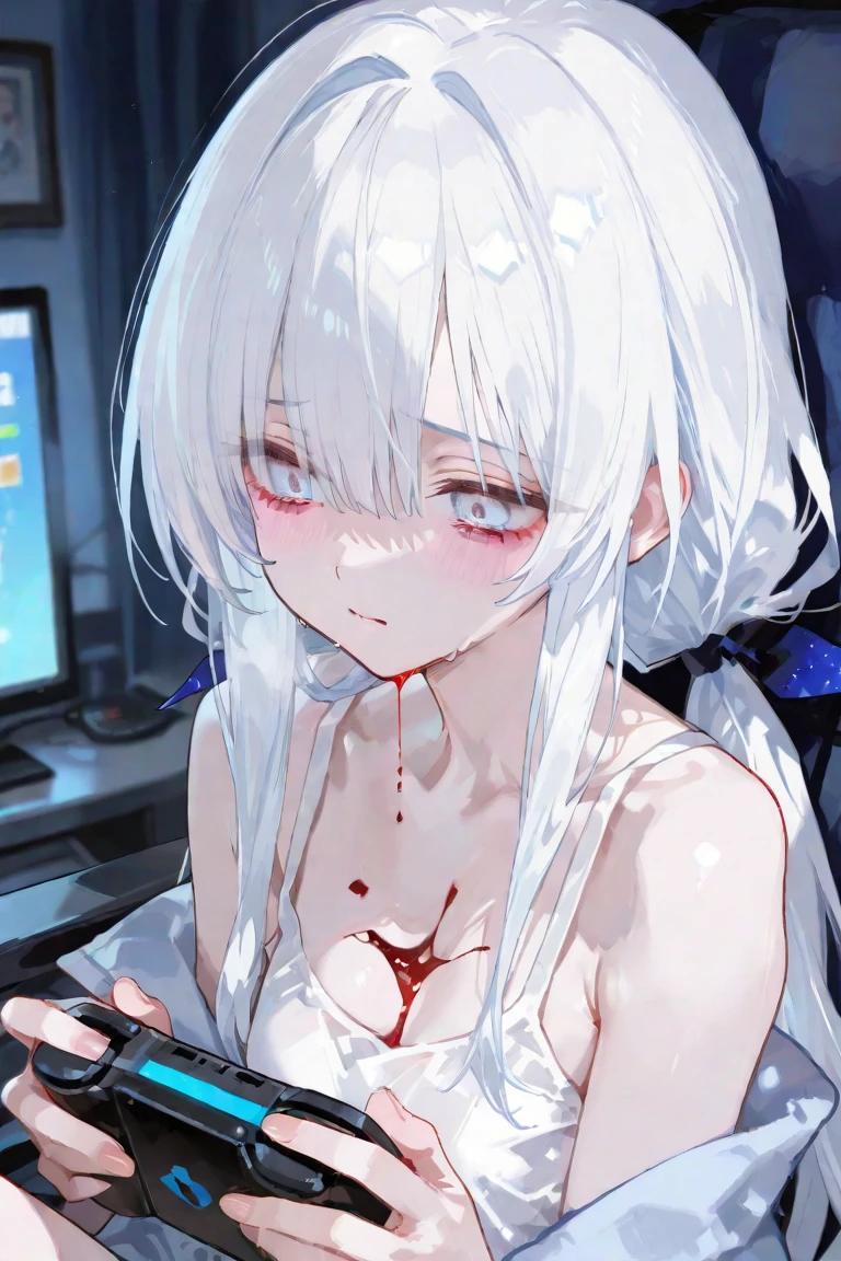 (((((obra-prima))))), (((((melhor qualidade))))), High, ((((1Kei)))), ((((((((((She's sitting in a wooden chair)))))))))), ((((((Ultra-detailed blue hands and eyes and knife)))))), ((((1girl)))), ((Formoso)), ((((((((((Saia preta na altura do joelho)))))))))), ((((((cabelo longo)))))), ((((((((((Sorriso sombrio feminino e cativante)))))))))), ((((((((((She has a knife in her right hand with blood)))))))))), ((((((((((sangue)))))))))), ((((sozinha)))), ((((((Uma garota com cabelo grisalho longo e olhos azuis)))))), (((fita))), (((franja))), (((鎖骨))), ((((cabelo grisalho)))), ((((((Saia preta na altura do joelho)))))), ((((((((meias pretas longas)))))))), (((faixa de cabelo preta))), (((neck ribbon))), (((cabelo entre os olhos))), ((((middlebreasts)))), ((((There is only one person)))), ((((adolescente de 15 anos)))), (((uniforme escolar feminino camisa branca jaqueta preta jaqueta aberta saia preta longa))), ((corpo completo anatomicamente correto)), (((pernas femininas normais cruzadas))), ((usa sapatos pretos)), ((Detailed full scenario)), ((mystery)), ((Tempo tenso)), ((Postura equilibrada)), blush sutil | | | | | | | |, Pingente de cristal BREAK golden hour, (Rim lighting): 1.2, tons quentes, Brilho lunar, sombras suaves, noite, cores vibrantes, painterly effect, dreamy atmosphere BREAK scenic lake, montanhas distantes, salgueiro, calm water, reflection, nuvens iluminadas pela lua, (((Dark scenery and terror))), (((((Vista de corpo inteiro e escenario completamente detalhado))))), (((pegue a chave))), Ultra Detalhado, Arte Oficial, Unity 8k papel de parede, Zentangle, mandala