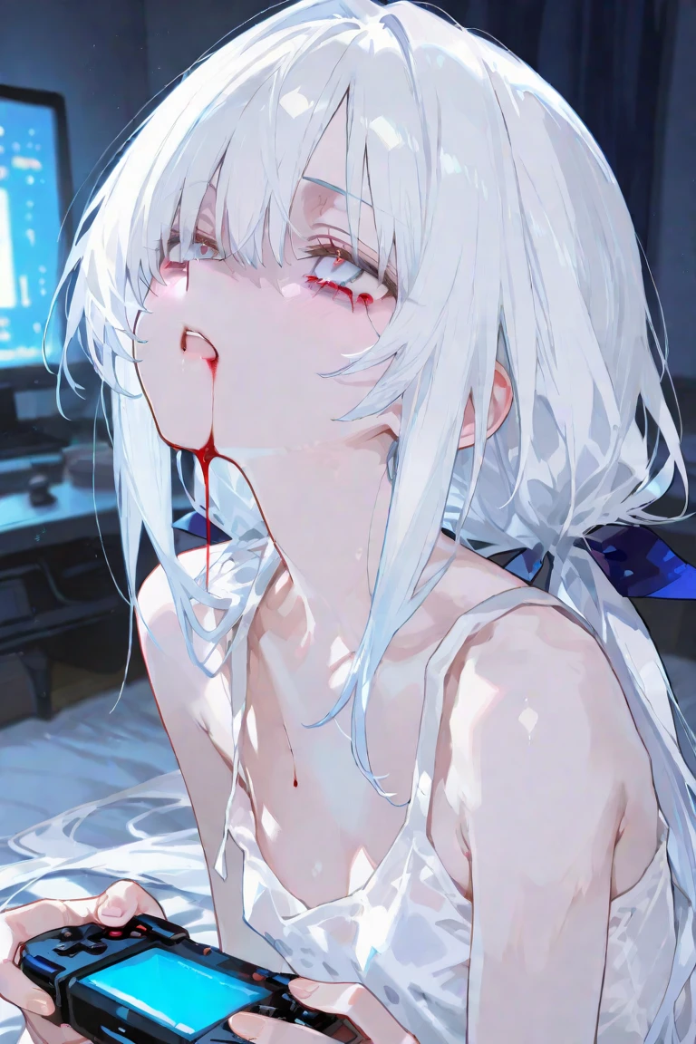 (((top-quality))),(((masterpiece))),(((detaileds))),(((high resolution))),(((Beautiful and Aesthetic Work: 1.5))),(Ultra High Resolution), (Ultra Detail),(((Detailed background)))8K, RAW photos, Best quality,32K,masterpiece,hyper HD,megami magazine,fine art,Sharp focus,Delicate and beautiful hair and eyes and face,realisticlying,saliva,saliva trail,(orgasm,evil,face focus:1.7),(water eye:1.5),((hotel room,on bed)),beautiful face,white blonde hair,((red eyes,blush, sweat, open mouth,ahegao,orgasm:1.4)), tears,Clear white skin,gigantic breasts,(Maid Costume),(Ultra Detail,(Ultra Detail,orgasm,looking up,POV:1.5),(Ultra Detail,1man,big penis,cum_in_mouth, cum_on_perfect tongue, facial, bukkake:1.6),(mouth focus:1.8)