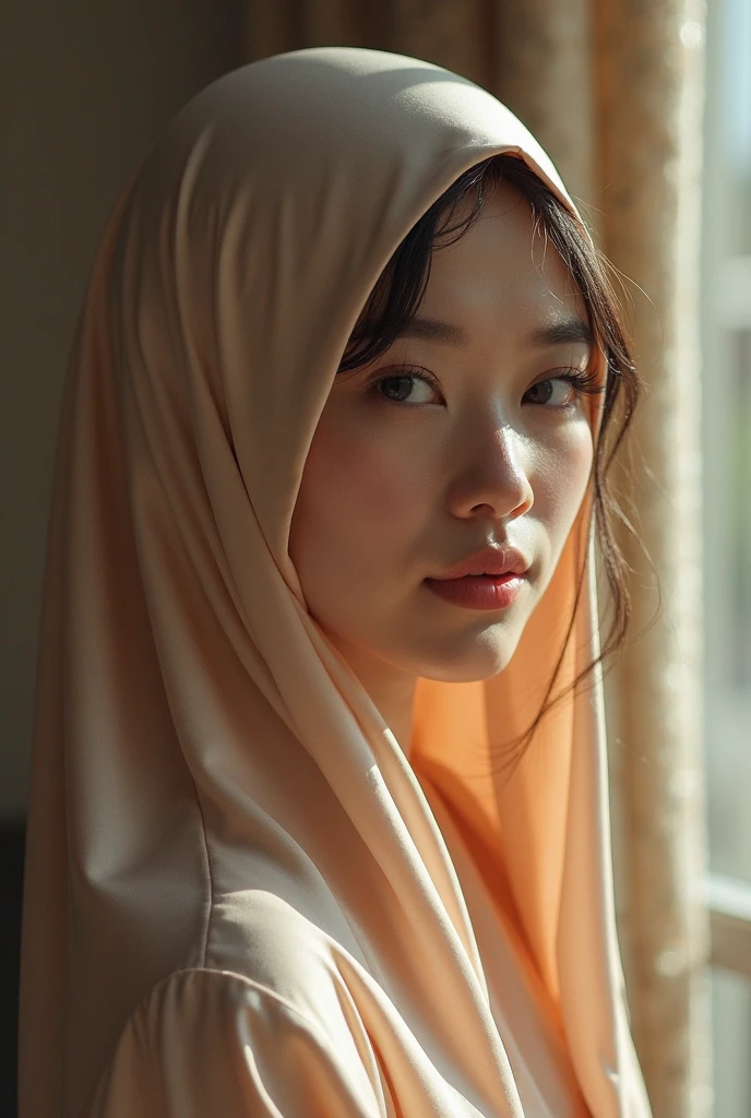 1girl, Solo, High Resolution, Masterpiece, Textured Skin, white skinned, young women, 20 years old, hijab, a beautiful young asian woman in a white sweater and pink pants, wearing a hijab and sandals, standing casually with one hand on a stool, looking off to the side in front of a large window with a reflection of the sky and trees, [street style photography, natural light], [Terry Richardson], [shallow depth of field, focus on the woman, natural light, warm tones, slight grain]