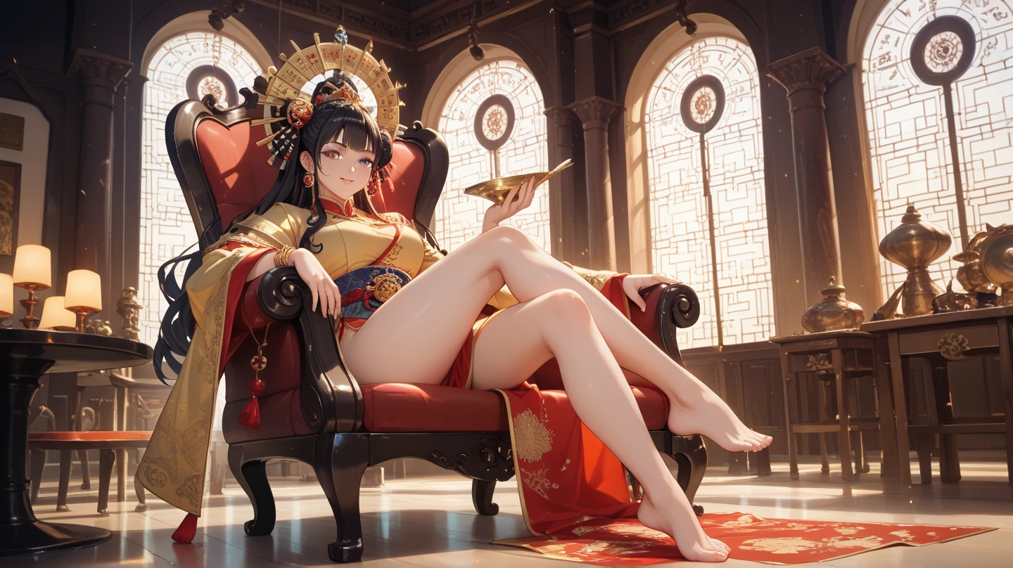(high resolution, masterpiece, best quality, ultra detailed:1.3), HDR, lens flare, particles, realistic, chinese gorgeous royal style, 1 princess, full body, perfect ???????, on a throne, spread legs, lift up skirt, show off panties, tight mini cheongsam, (detailed character, detailed random color sexy panties:1.2), busty, many large presence accessaries, stiletto heel, tiara, hair ornaments, earrings, bracelets, anklets, trinkets, smoky makeup, eyeshadow, heavy makeup, blush