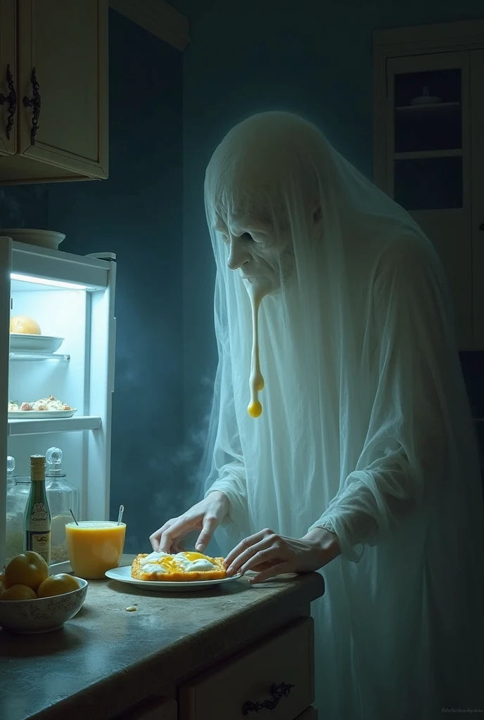 A male ghost in a sheet crawling on all fours and licking milk from the floor. High-resolution photo. Like something from a horror movie.