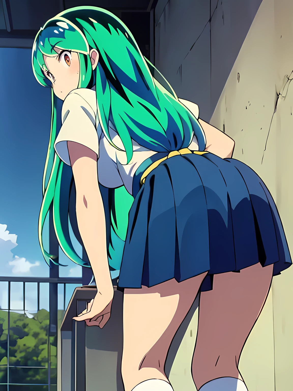 (masterpiece, top quality), EXTREMELY detailed CG Unity 8k wallpaper, high definition, bold composition, masterpiece, best quality, amazing quality, very aesthetic, high resolution, ultra-detailed, absurdres, newest, scenery, depth of field, lighting , artistic composition screencap, flat anime, 1 girl, lum, green hair, medium breasts, girlish gesture, long hair, red eyes, EdobUruseiYatsura, 18 years old, school uniform, navy-blue skirt, summer dress, yellow neckerchief, White socks, short sleeves, pink eye shadow, back shot, place both hands on the wall, school, stick out she's buttocks, leaning forward