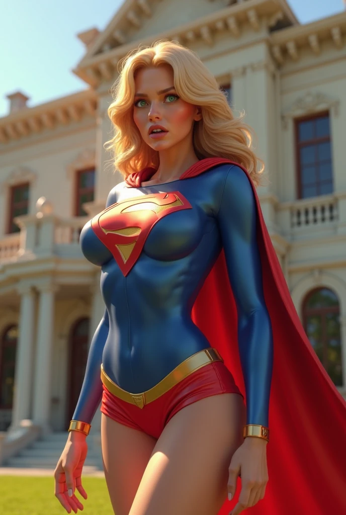 Supergirl, 29 years old, ((( Taylor Swift:Emma Stone:0.7))) full body shot, Beautiful woman (((shoulder length wavy blonde hair))) defined body, Red lipstick, smiling slightly, hands free, standing, (( short sleeve, knee length sparkling red futuristic body armor with matching skirt of Supergirl)), rooftop garden city night, (huge_breasts:1.4) (curvy:1.3)(chubby:1.1)