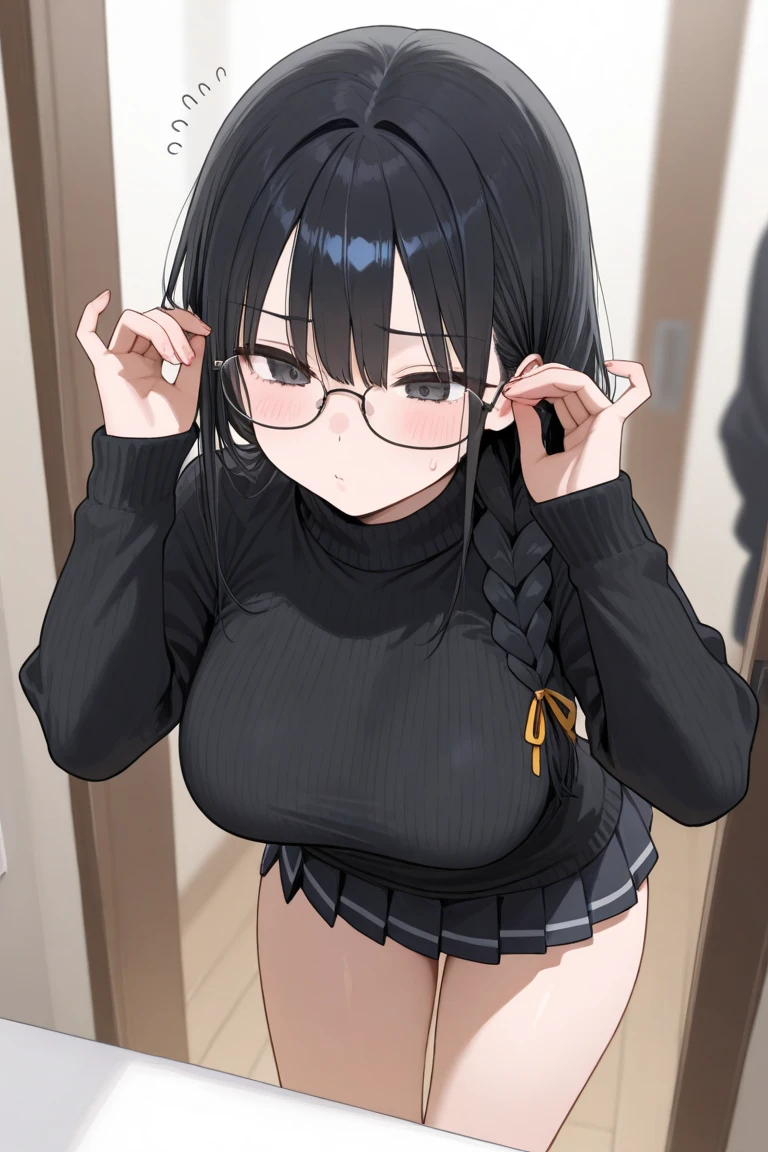 ultra-detailliert, Best Quality, High resolution, ((A petite, black-haired girl with a large face and cute droopy eyes, who wears round glasses and looks up.))、Pretty eyes、Detailed eye depiction、Eye sparkle、Looking at Viewer, pale skin、(((Petite)))、(flat chest:1.4), (blush:1.2), （big eye:1.4）, a smile, in class room, Focus on the face, long ponytail hair, ((super close up of tongue))、((from above)), open_mouth, (((face only))), ((naked)), nsfw, saliva, a sailor suit