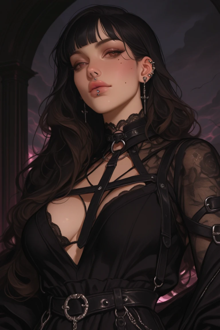 una mujer (massive breasts, glossy, cleavage, full lips) con cabello negro largo y vistiendo una falda corta negra, ojos azules, arte zombie, gothic art, nice aesthetic with vibe, cartoon aesthetic, vistiendo traje rojo, wearing gothic accessories, parecerse a cassie hack, backward, Mirando backward, retrato, in the style of fancy Tarot cards